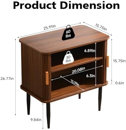 Mid Century Modern Side Table with Storage, Walnut Accent Cabinet with Sliding Doors & Adjustable Shelf, Brown Fluted Nightstand for Living Room, Entryway, Bedroom