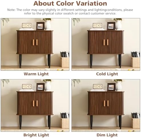 Mid Century Modern Side Table with Storage, Walnut Accent Cabinet with Sliding Doors & Adjustable Shelf, Brown Fluted Nightstand for Living Room, Entryway, Bedroom