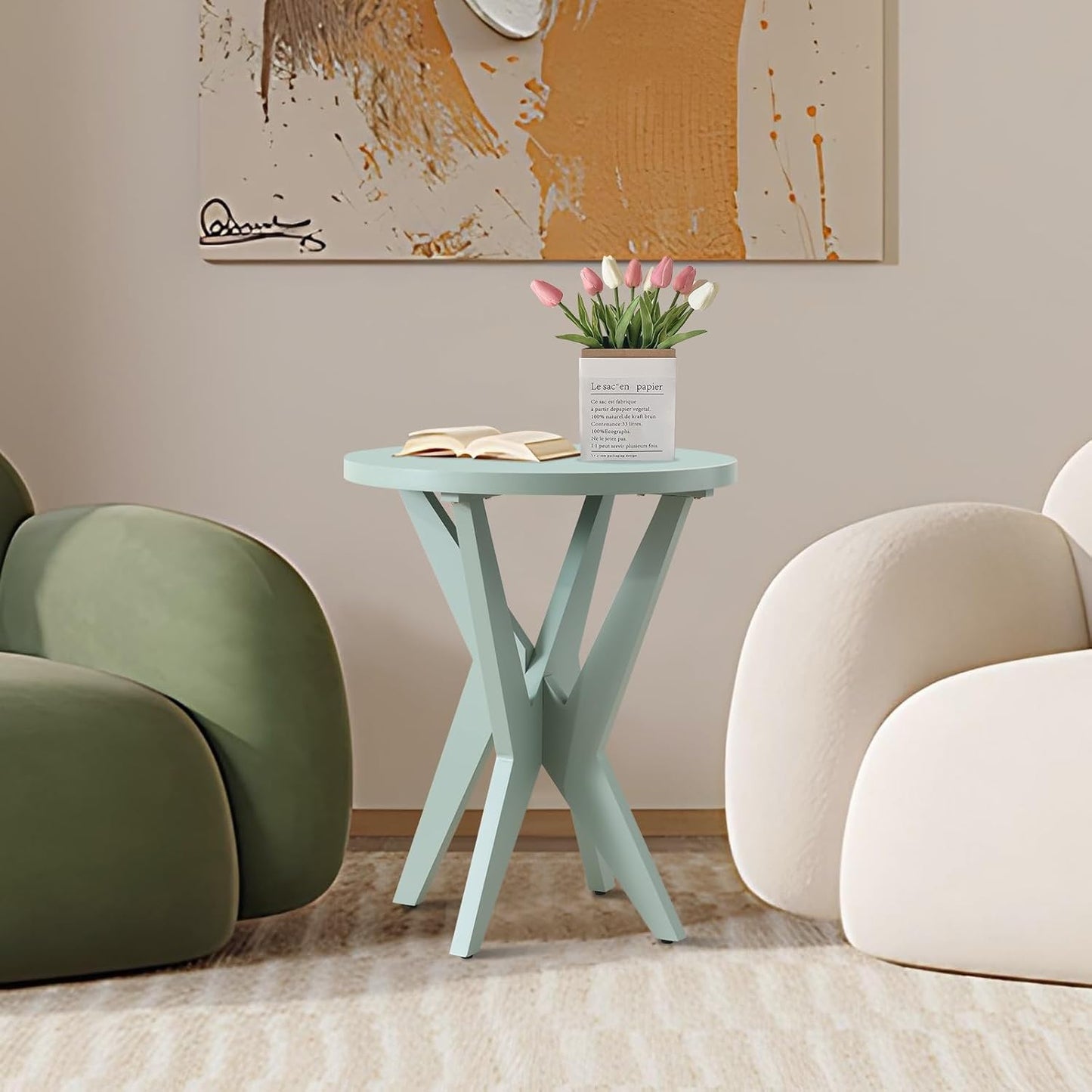 Modern Round End Table with Crossed Legs, Unique Small Green Side Table, Outdoor Accent Table, Easy Assembly Bedside Table for Living Room, Balcony, Small Spaces