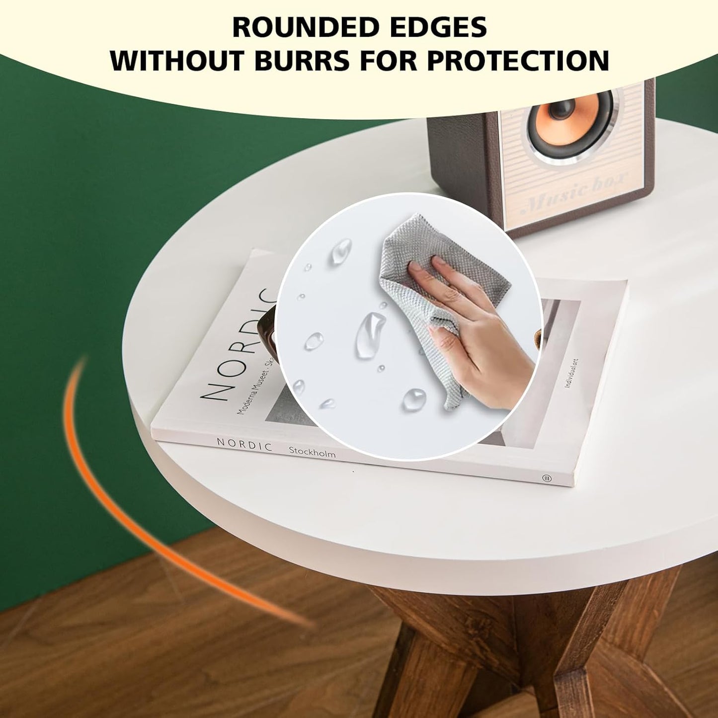 Modern Round End Table with Smooth White Top and Crossed Walnut Legs, Minimalist Accent Table for Living Room, Balcony, or Small Spaces, Easy Assembly Bedside Table, White Walnut