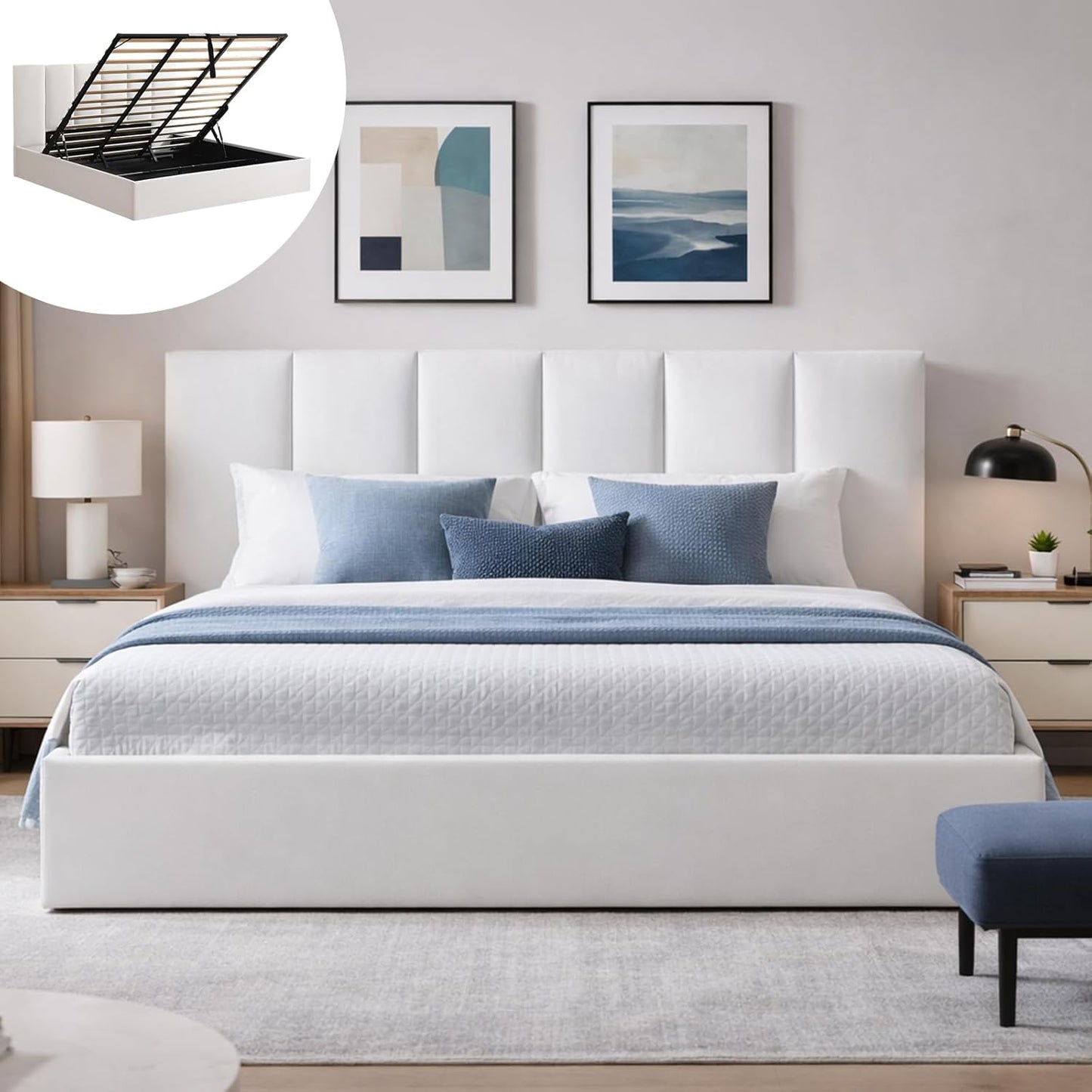 VELOCAVA Hydraulic Lift Storage Bed Frame, White Linen-Look Upholstered Platform Bed with Vertical Panel Headboard, Hidden Under-Bed Storage, No Box Spring Needed