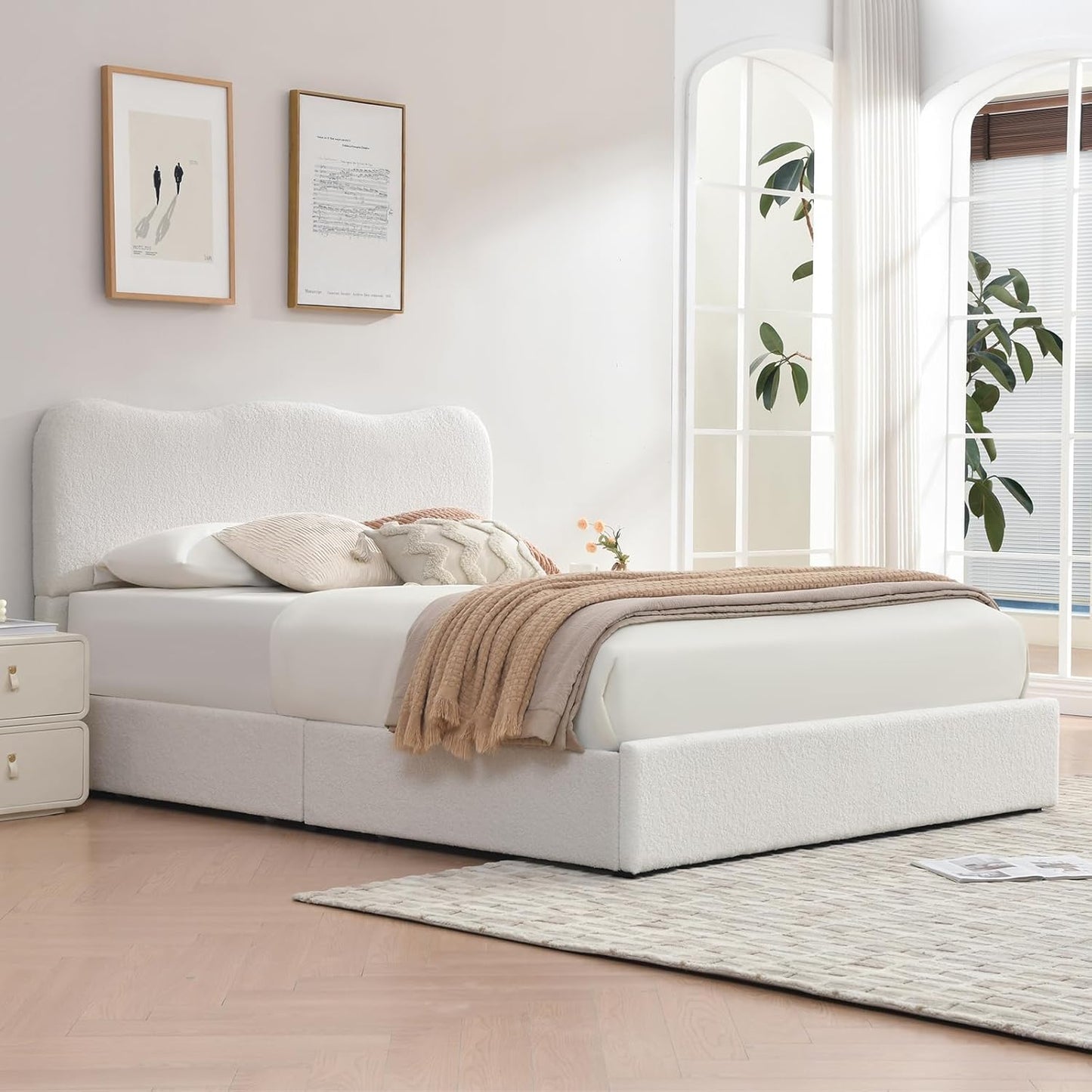 VELOCAVA Storage Bed Frame with 4 Pull-Out Drawers, Modern Upholstered Boucle Platform Bed with Curved Headboard, Wood Slats, No Box Spring Needed, Cream White