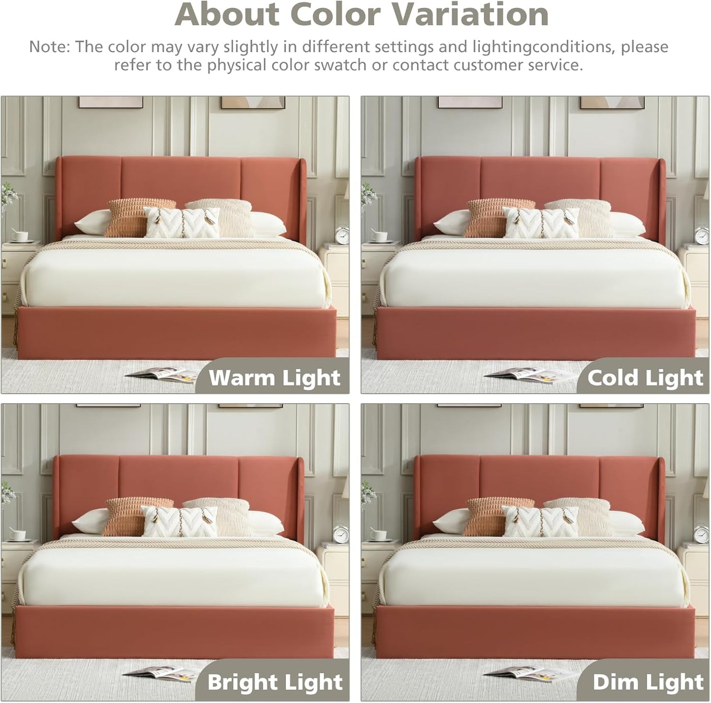 VELOCAVA Lift Up Storage Bed Frame, Velvet-Look Upholstered Bed with Modern Wing back Headboard, Gas Lift Mechanism, Space Saving Design, No Box Spring Needed, Terracotta
