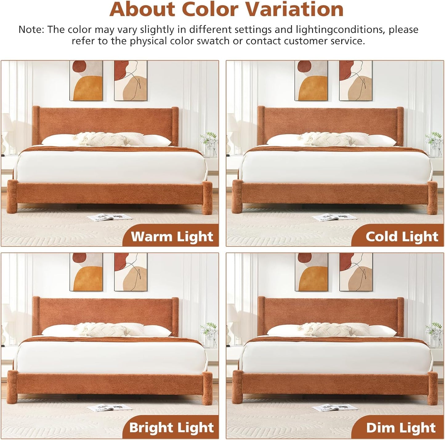 VELOCAVA Upholstered Platform Bed Frame with Soft Rounded Corners, 44.88" Tall Headboard, Luxury Plush Velvet Upholstery, 11 Slats & 5 Center Legs, No Box Spring Needed, Rust Orange