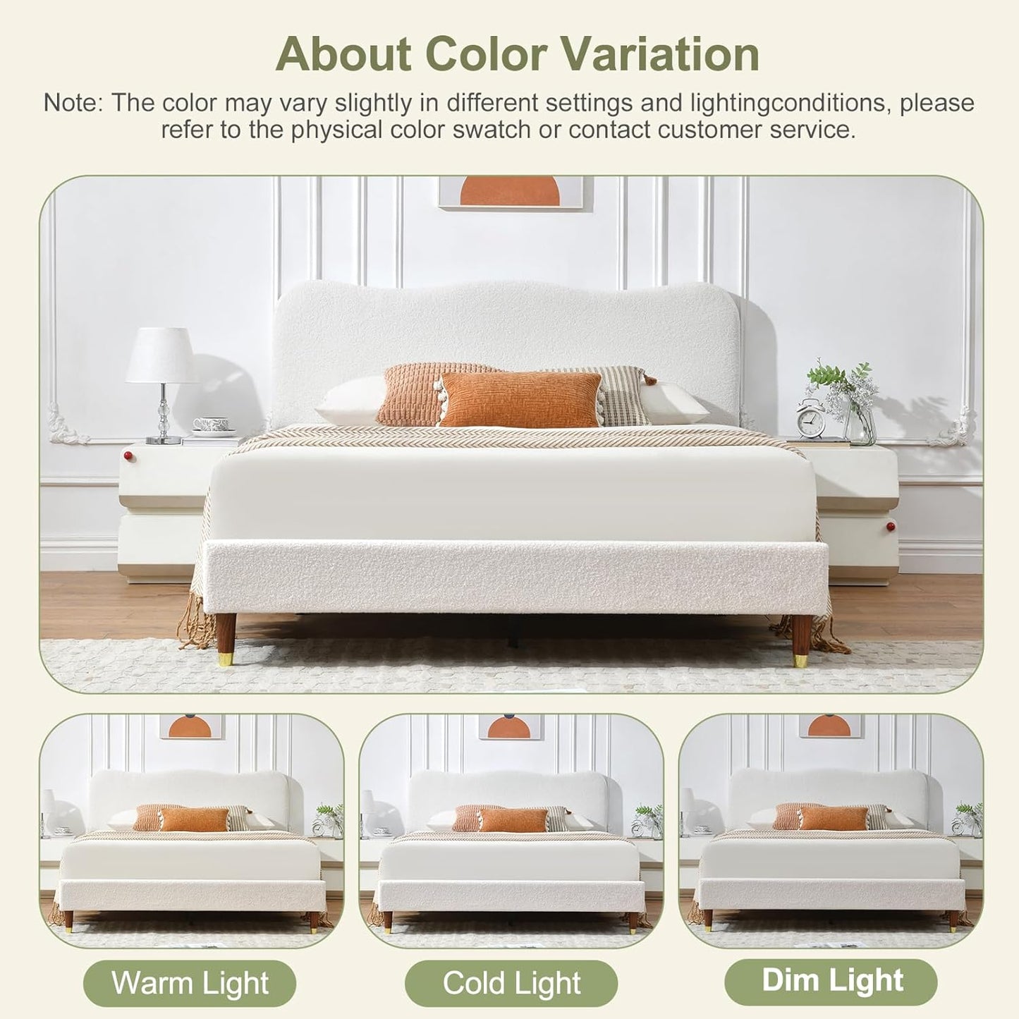 VELOCAVA Boucle Bed Frame with Curved Adjustable Headboard, Upholstered Cloud Platform Bed, Rounded Corners, Wooden Slats Support, No Box Spring Needed, Easy Assembly, Cream White