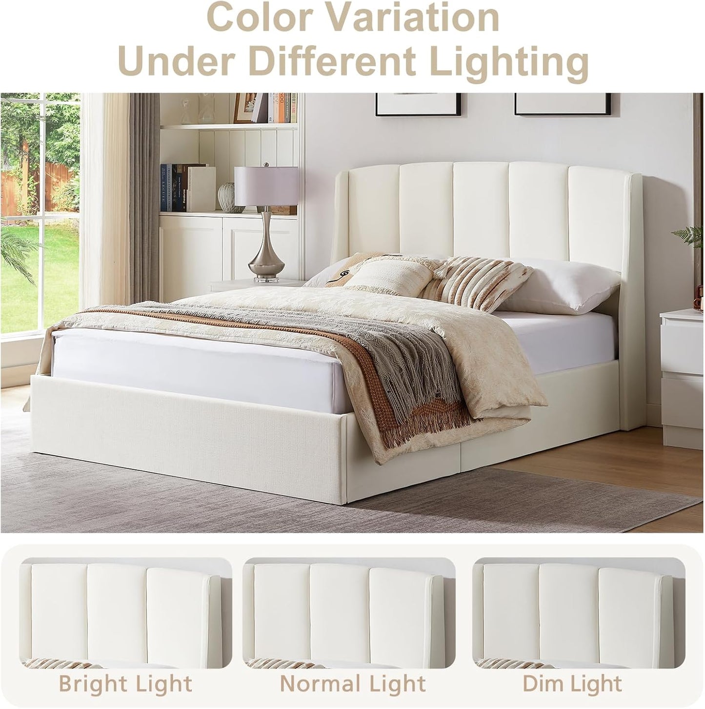 VELOCAVA Lift Up Storage Bed, Soft Upholstered Beds with Hydraulic Mechanism, Modern Wingback Headboard with Vertical Channel Design, Wooden Slat Support, Easy Assembly, White