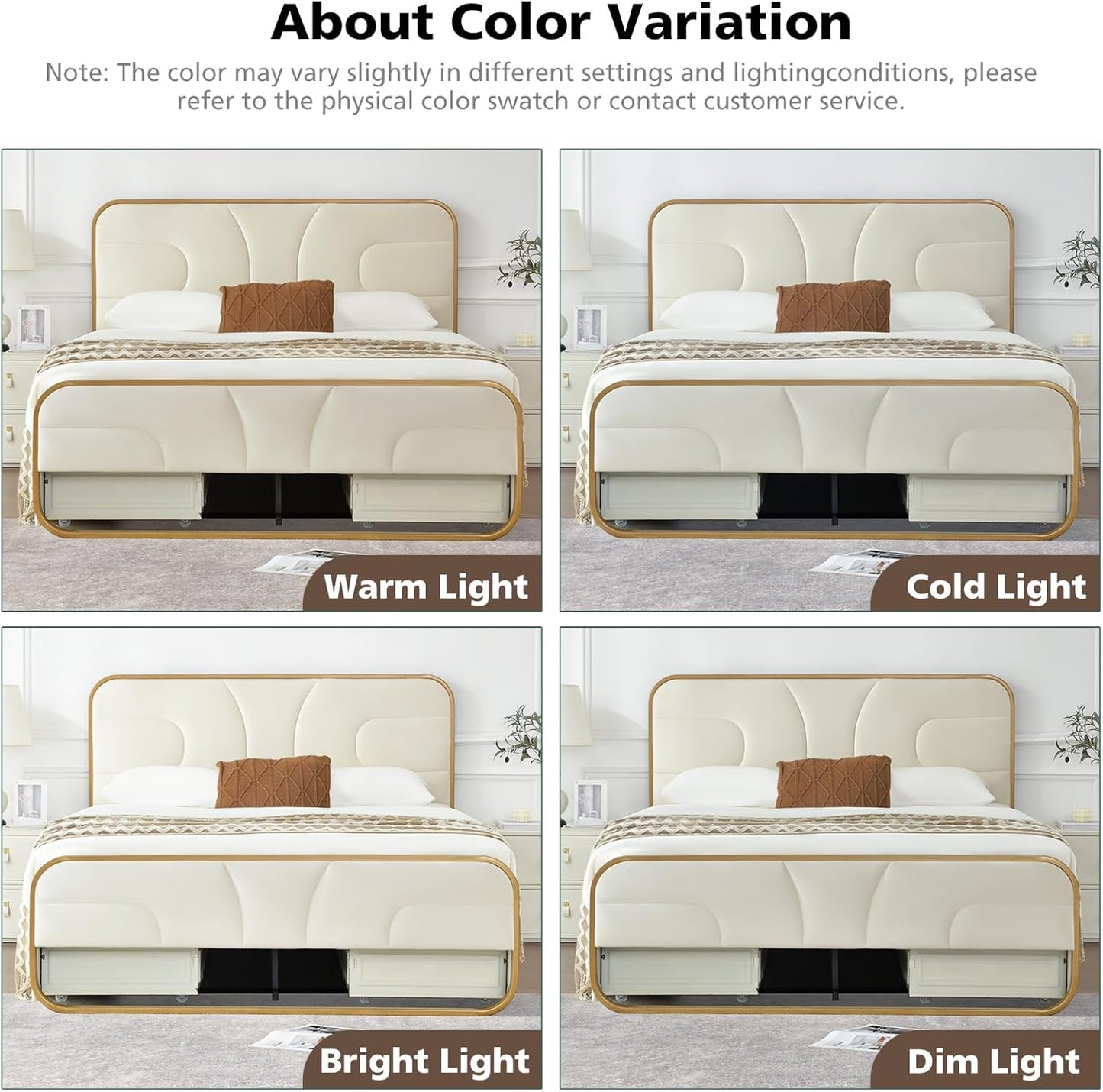 VELOCAVA Rounded Metal Upholstered Bed with 4 Storage Drawers, Velvet Platform Storage Bedframe with Headboard, Wooden Slats Support, No Box Spring Needed, Cream