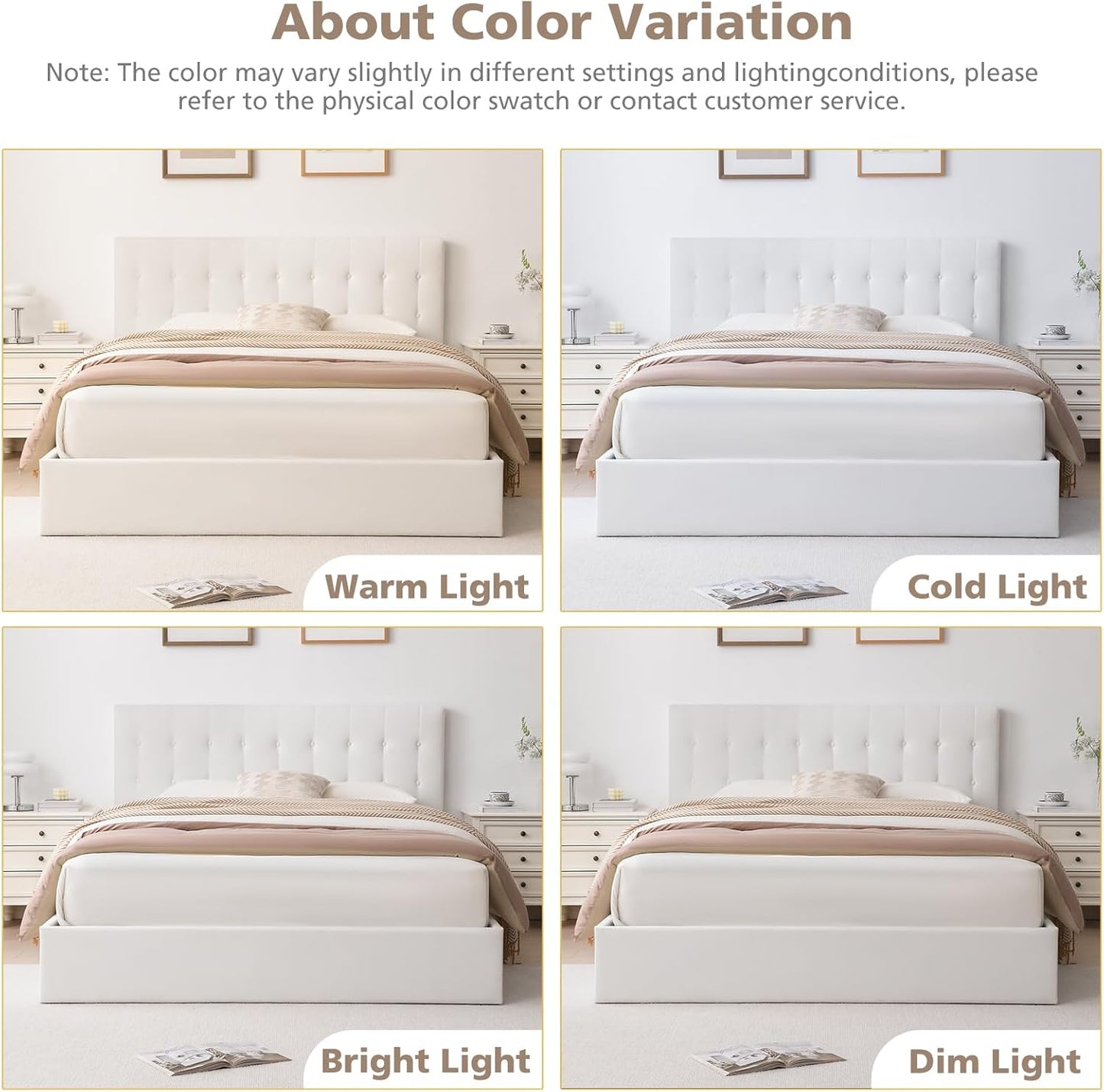 VELOCAVA White Lift-Up Storage Bed, Linen-Textured Upholstered Platform Frame with Hydraulic Under-Bed Storage, Button-Tufted Headboard, Sturdy Wooden Slats, No Box Spring Needed