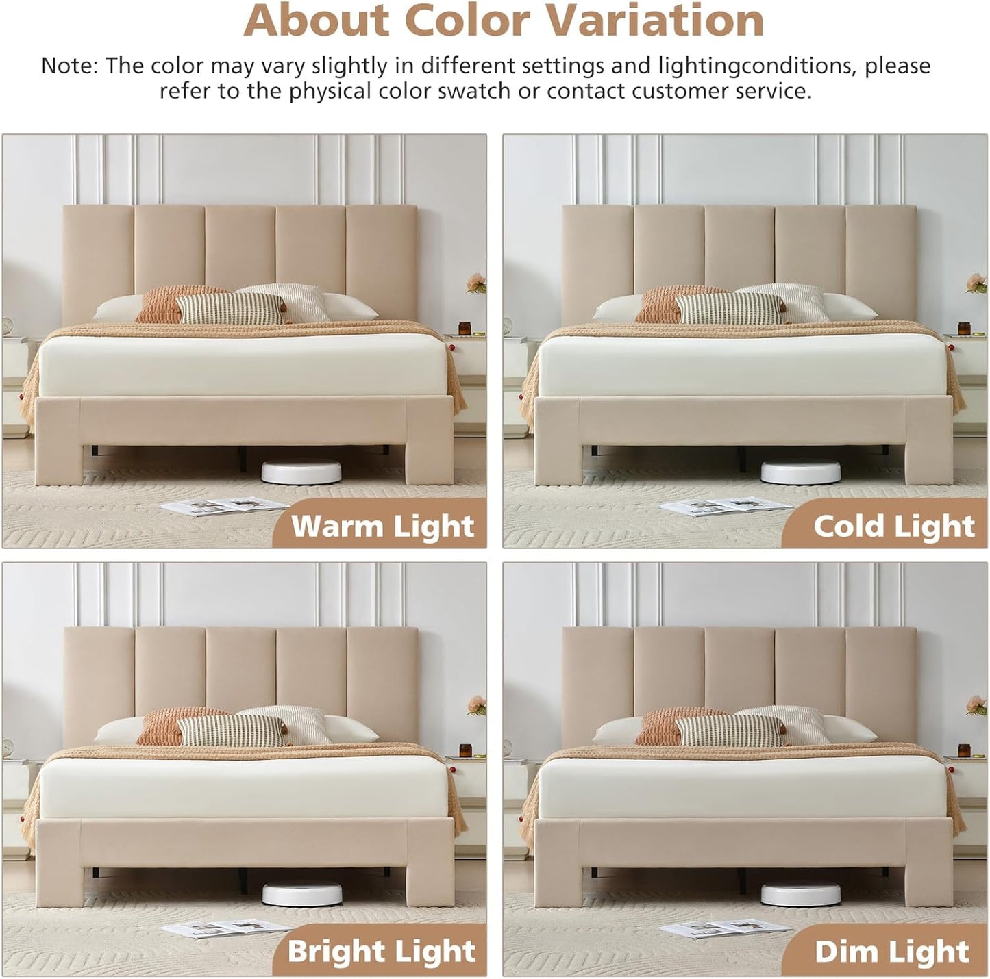 VELOCAVA Upholstered Platform Bed Frame with Vertical Panel Headboard & 6" Upholstered Block Legs, 11 Wood Slats and 5 Support Legs, No Box Spring Needed, Linen-Look Fabric, Beige