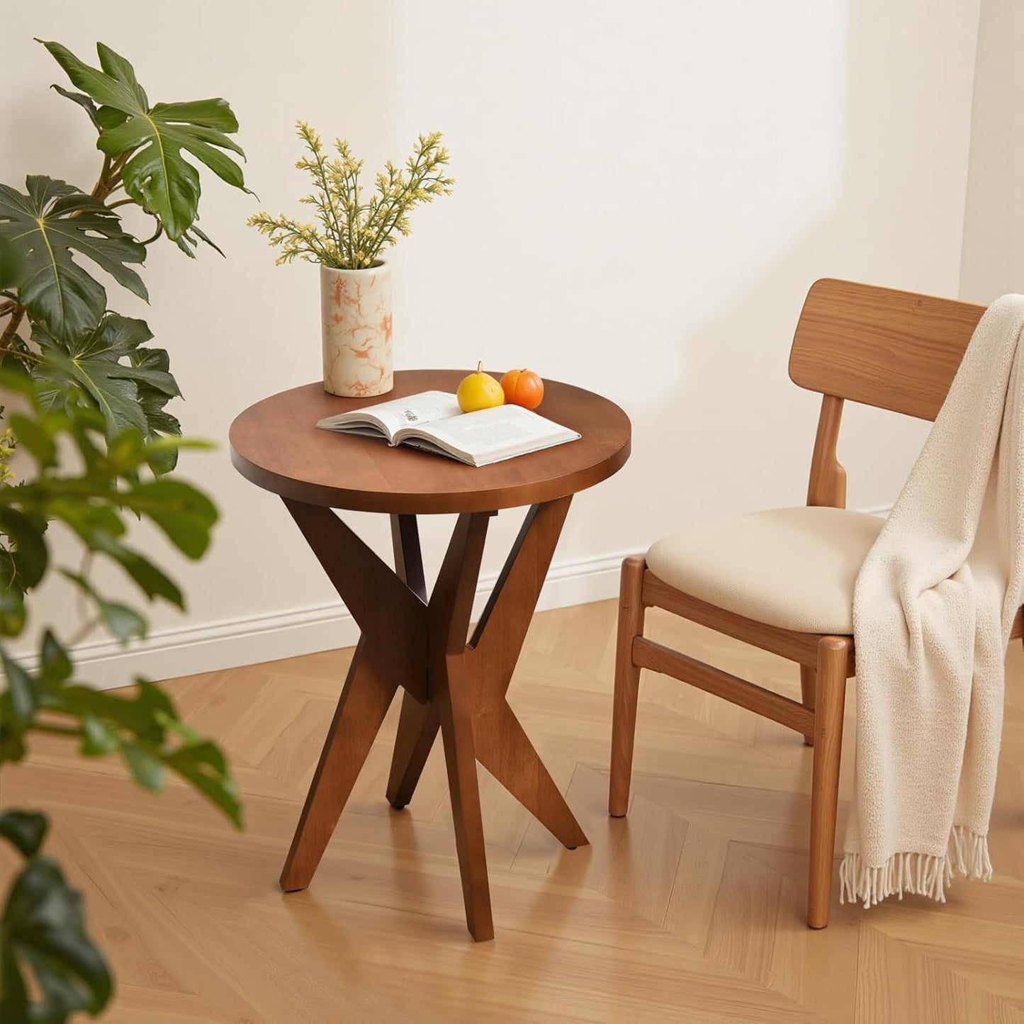 Mid-Century Modern Round End Table Set of 2, Walnut Brown Farmhouse Side Tables with MDF Top and Crossed Legs for Living Room, Bedroom, or Small Spaces