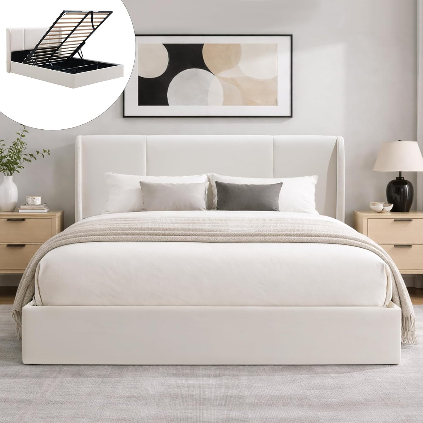 VELOCAVA Lift Up Storage Bed Frame, Velvet-Look Upholstered Bed with Modern Wingback Headboard, Gas Lift Storage, Space Saving Design, No Box Spring Needed, White