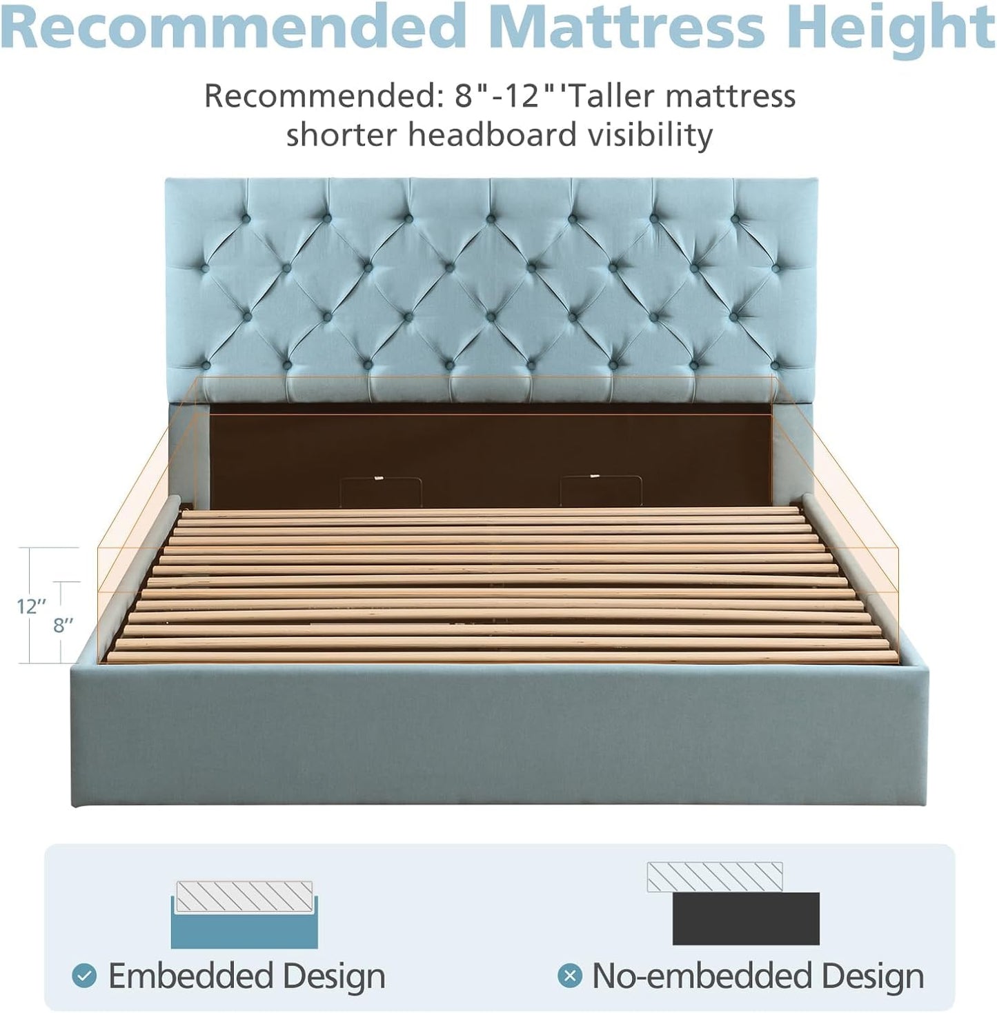 VELOCAVA Lift-Up Storage Bed, Dusty Blue Linen-Textured Upholstered Platform Frame with Button-Tufted Headboard, Modern Space-Saving Design, No Box Spring Required, Easy Assembly