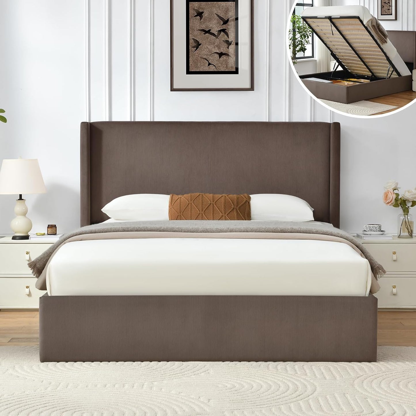 VELOCAVA Lift-Up Storage Bed, Modern Upholstered Corduroy Coffee Bed with Wingback Headboard, Hydraulic Lift Platform, Sturdy Wooden Slat Support, No Box Spring Needed, Easy Assembly