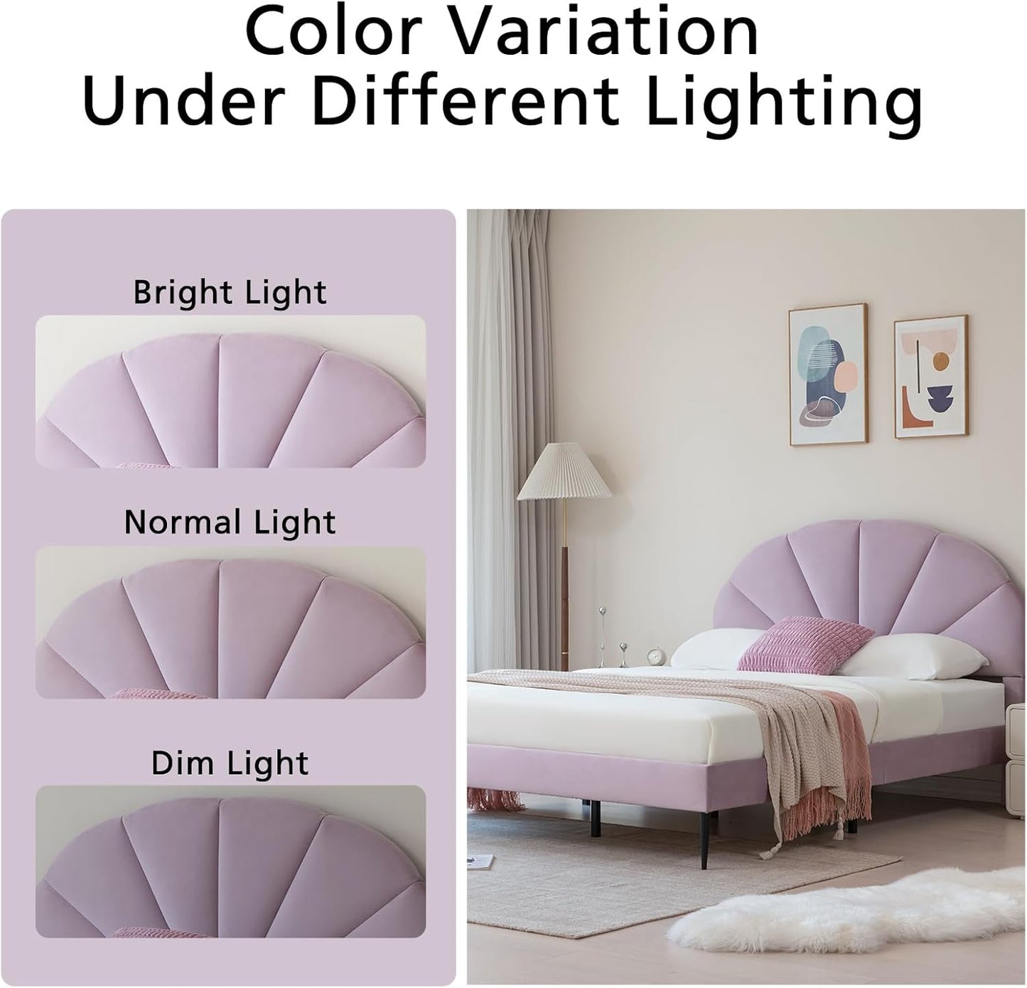 VELOCAVA Bed with Seashell Headboard, Velvet Upholstered Platform Bed Frame for Girls Kids with Wooden Slats Support, No Box Spring Needed, Easy Assembly, Dreamy Purple