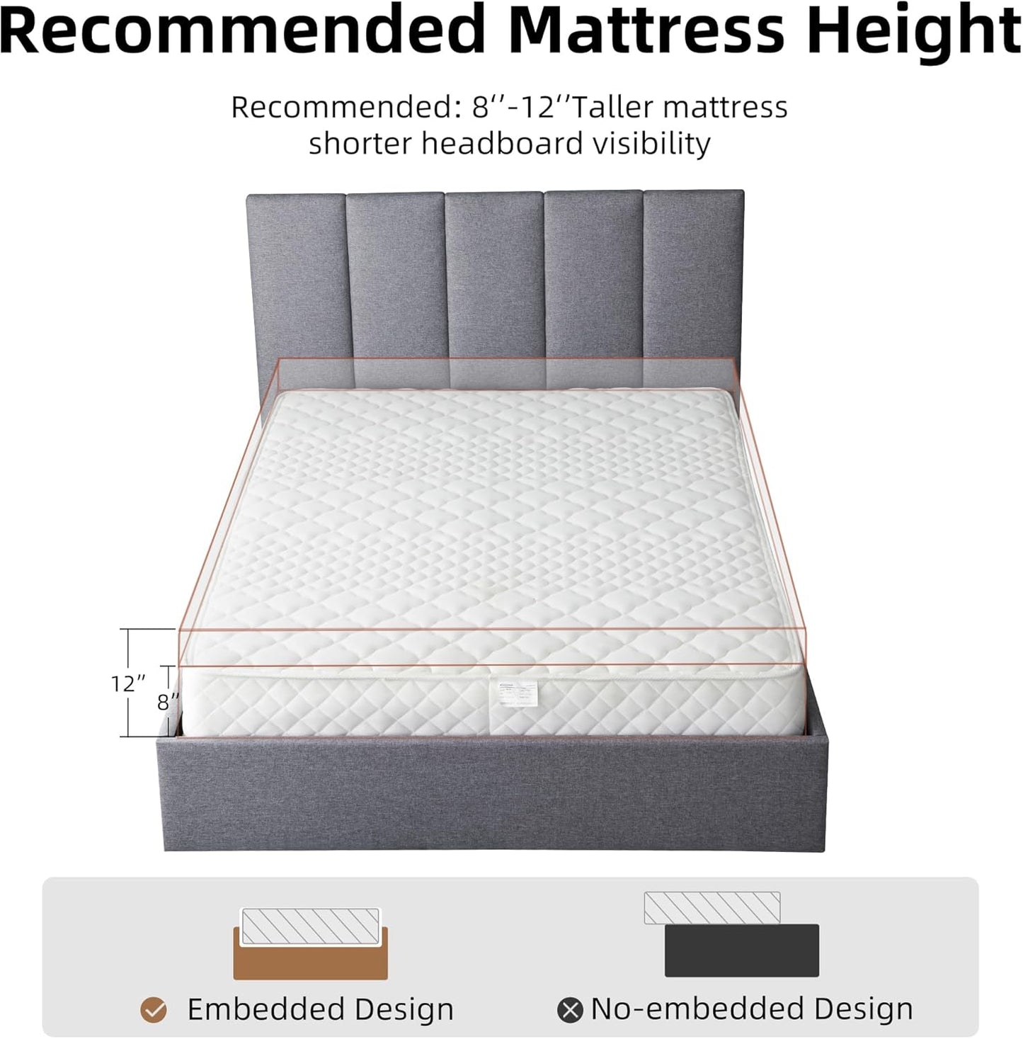 VELOCAVA Hydraulic Lift Storage Bed Frame, Dark Gray Linen-Look Upholstered Platform Bed with Vertical Panel Headboard, Hidden Under-Bed Storage, No Box Spring Needed