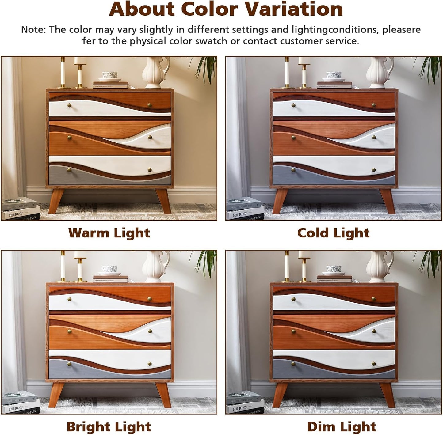 3-Drawer Dresser with Sculpted Wave Fronts, Tri-Color Drawer Design, Modern Chest of Drawers Storage Cabinet for Bedroom, Living Room, Hallway, or Office