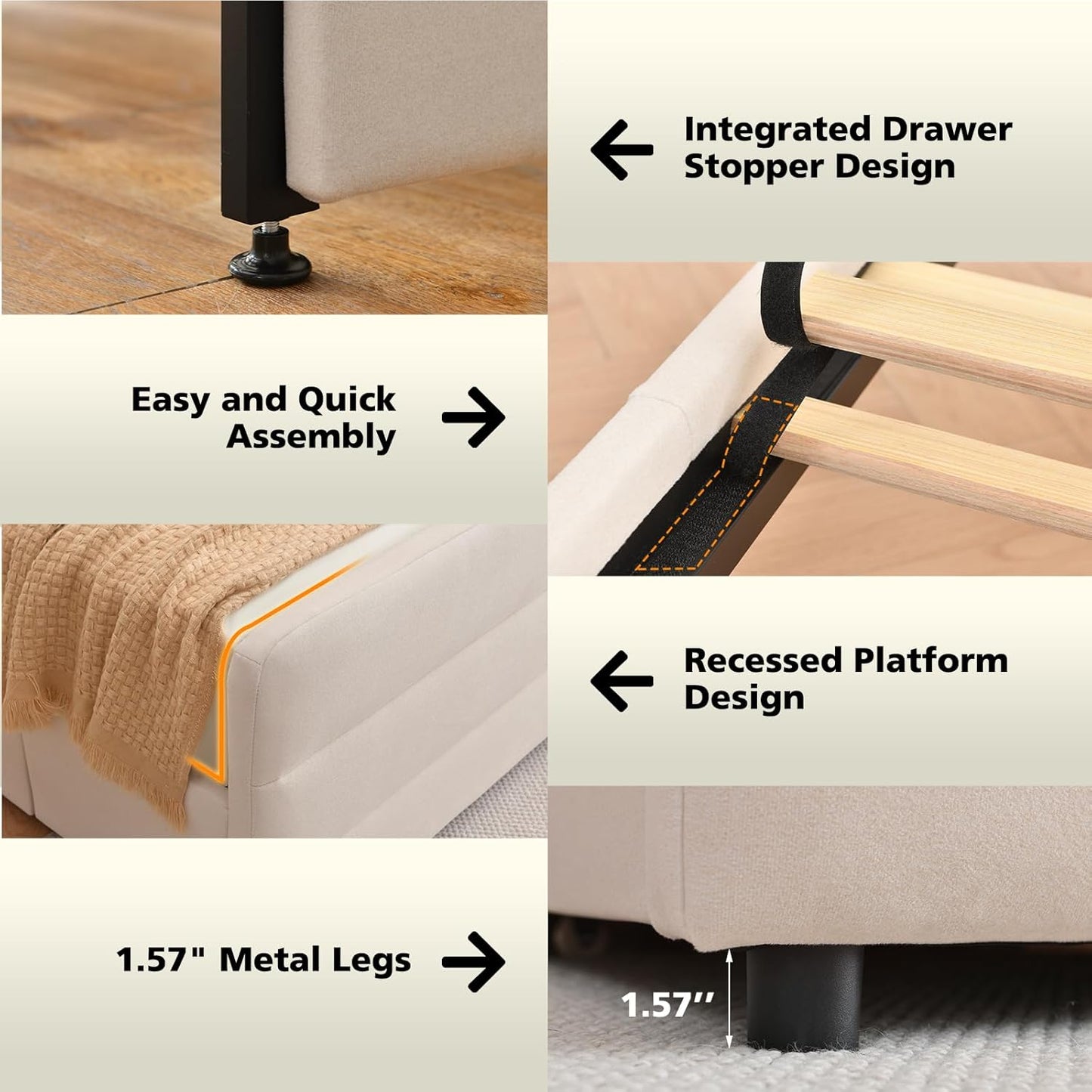 VELOCAVA Upholstered Platform Bed with Tall Headboard and Footboard, 2 Side Storage Drawers, Modern Beige Fabric Bed Frame, No Box Spring Needed, Slatted Base Support, Easy Assembly