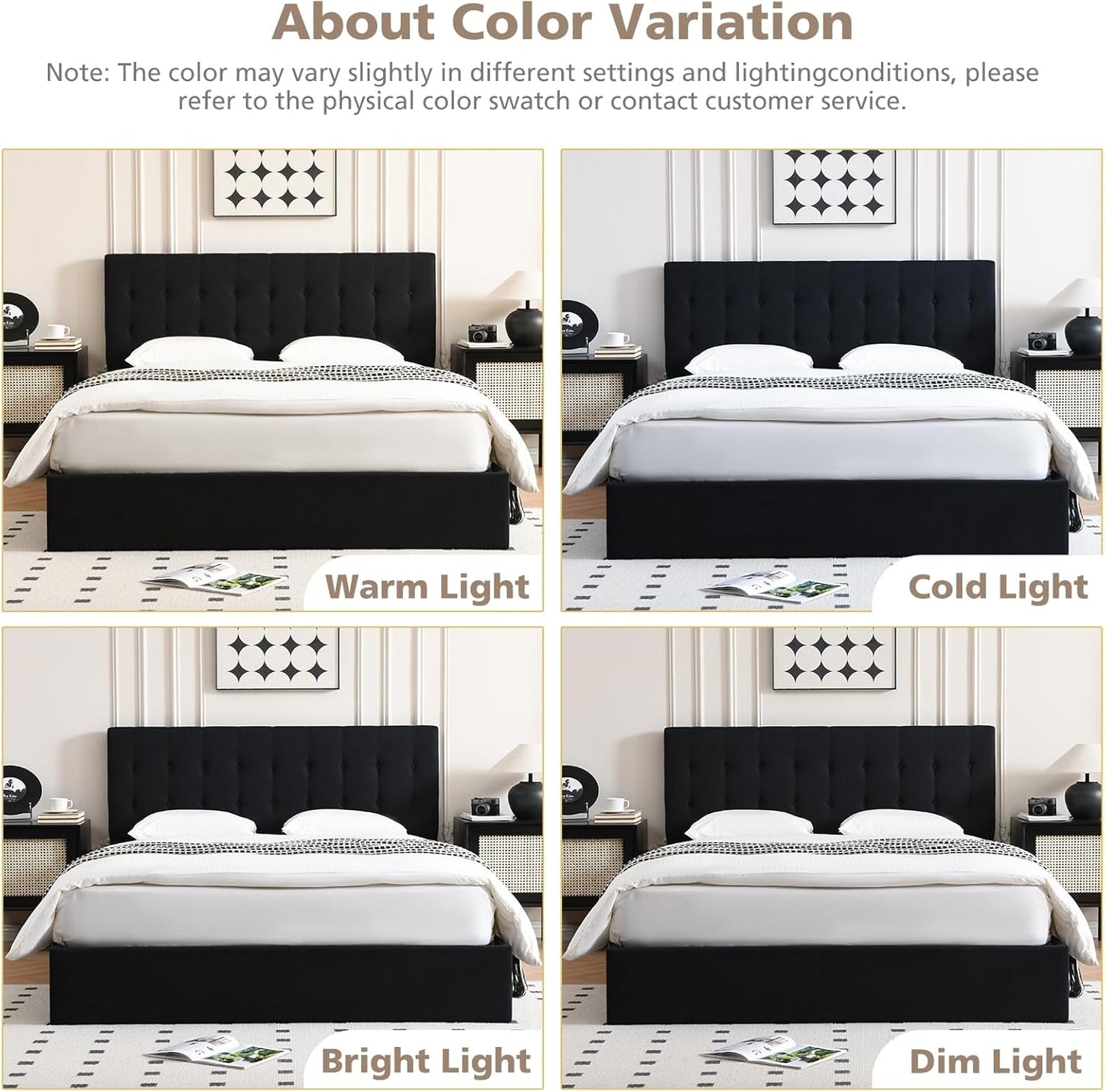 VELOCAVA Lift-Up Storage Bed, Black Linen-Textured Upholstered Platform Frame with Hydraulic Under-Bed Storage, Button-Tufted Headboard, Sturdy Wooden Slats, No Box Spring Needed