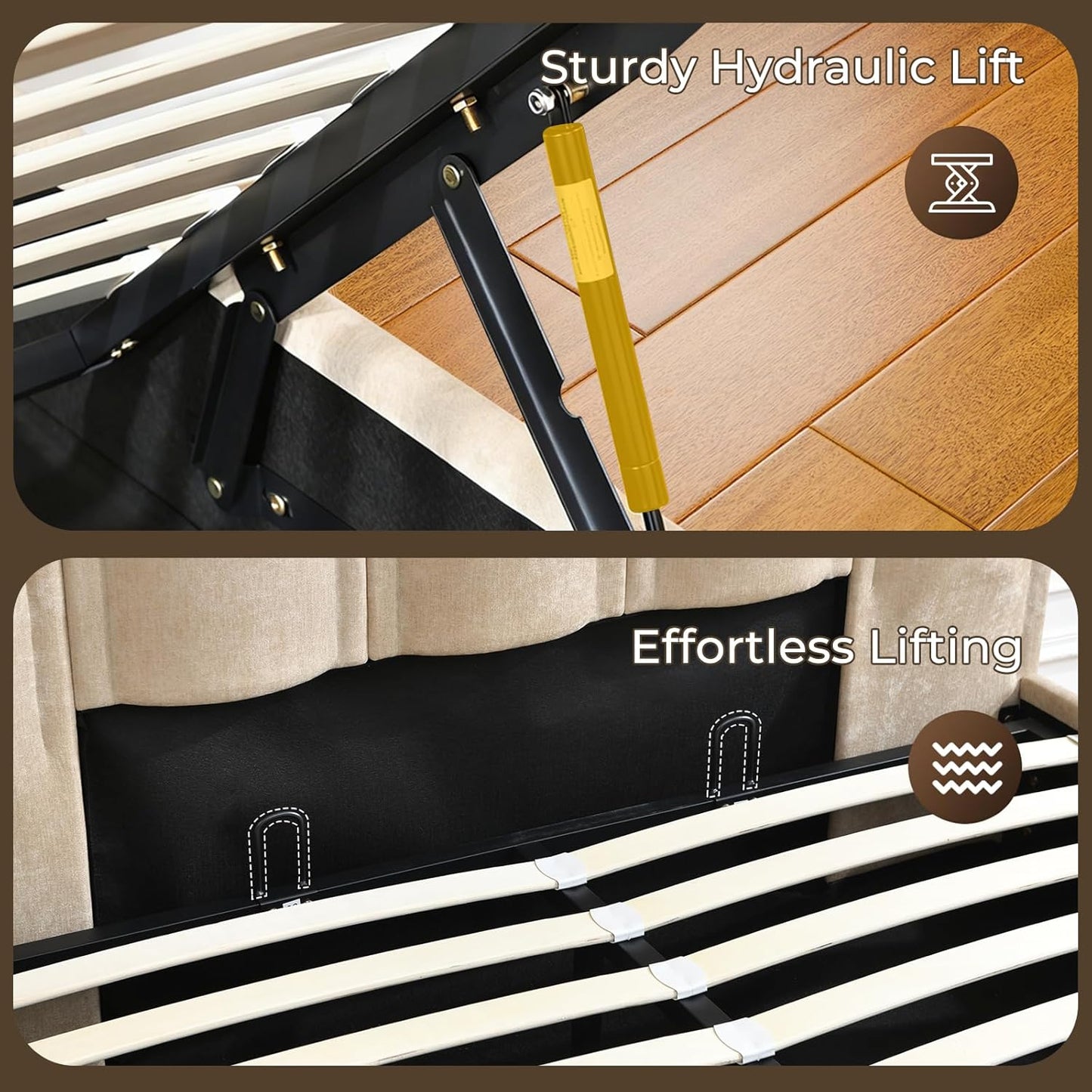 Lift Up Storage Bed, Upholstered Platform Bed Frame with Storage Underneath, 51.6'' Tall Vertical Channel Tufted Headboard, Linen-Textured, Hydraulic Support, No Box Spring Needed, Beige