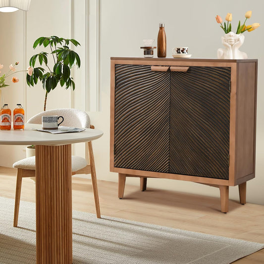 Carved Wood Accent Cabinet with 2 Doors, Mid-Century Sideboard with Storage, Vintage Textured Decorative Credenza, Modern Cabinet for Living Room, Entryway or Hallway, Natural Brown