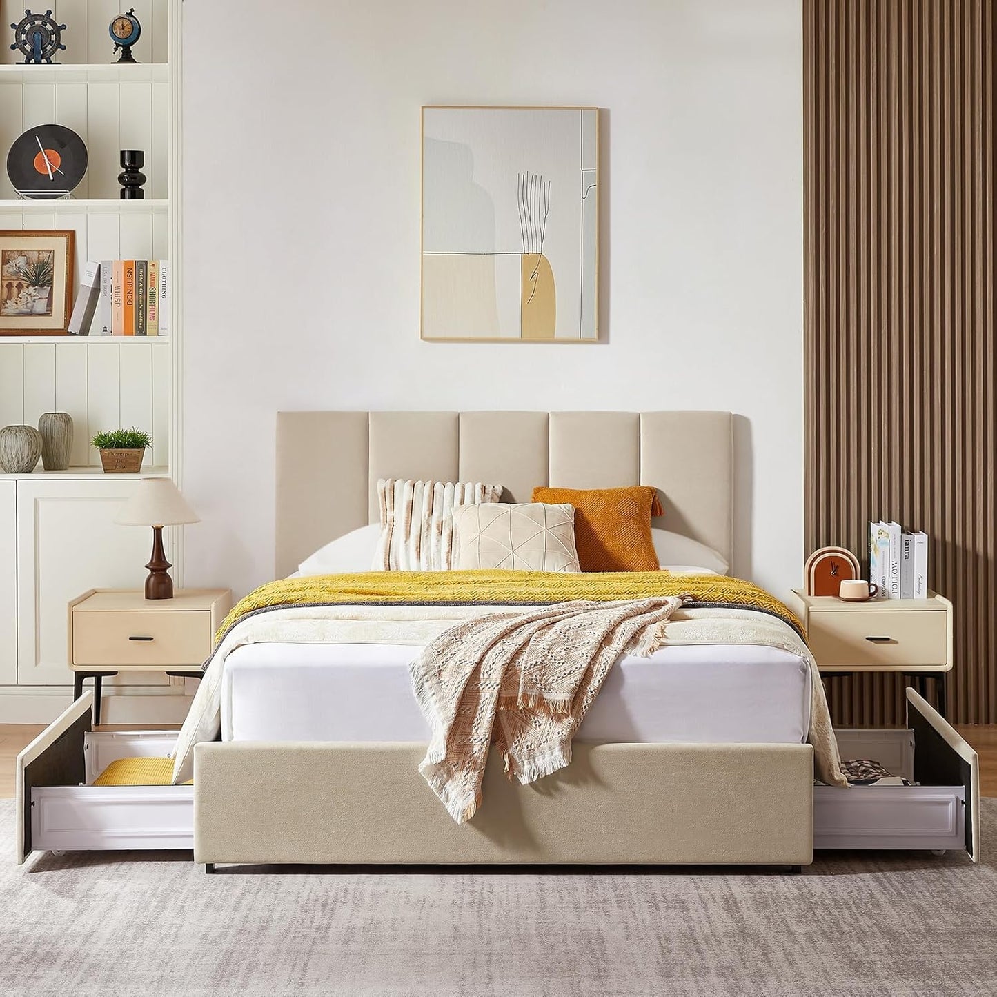 VELOCAVA Upholstered Bed with 4 Storage Drawers, Modern Linen Platform Bed Frame with Vertical Channel Headboard, Sturdy Wood Slats, Space-Saving Design, No Box Spring Needed, Beige