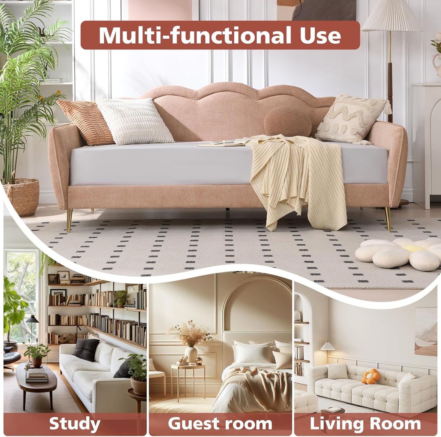 VELOCAVA Twin Size Upholstered Daybed with Cloud-Shaped Backrest, Modern Linen Sofa Bed with Metal Legs, Wood Slat Support for Bedroom, Living Room, Guest Room, Blush Pink