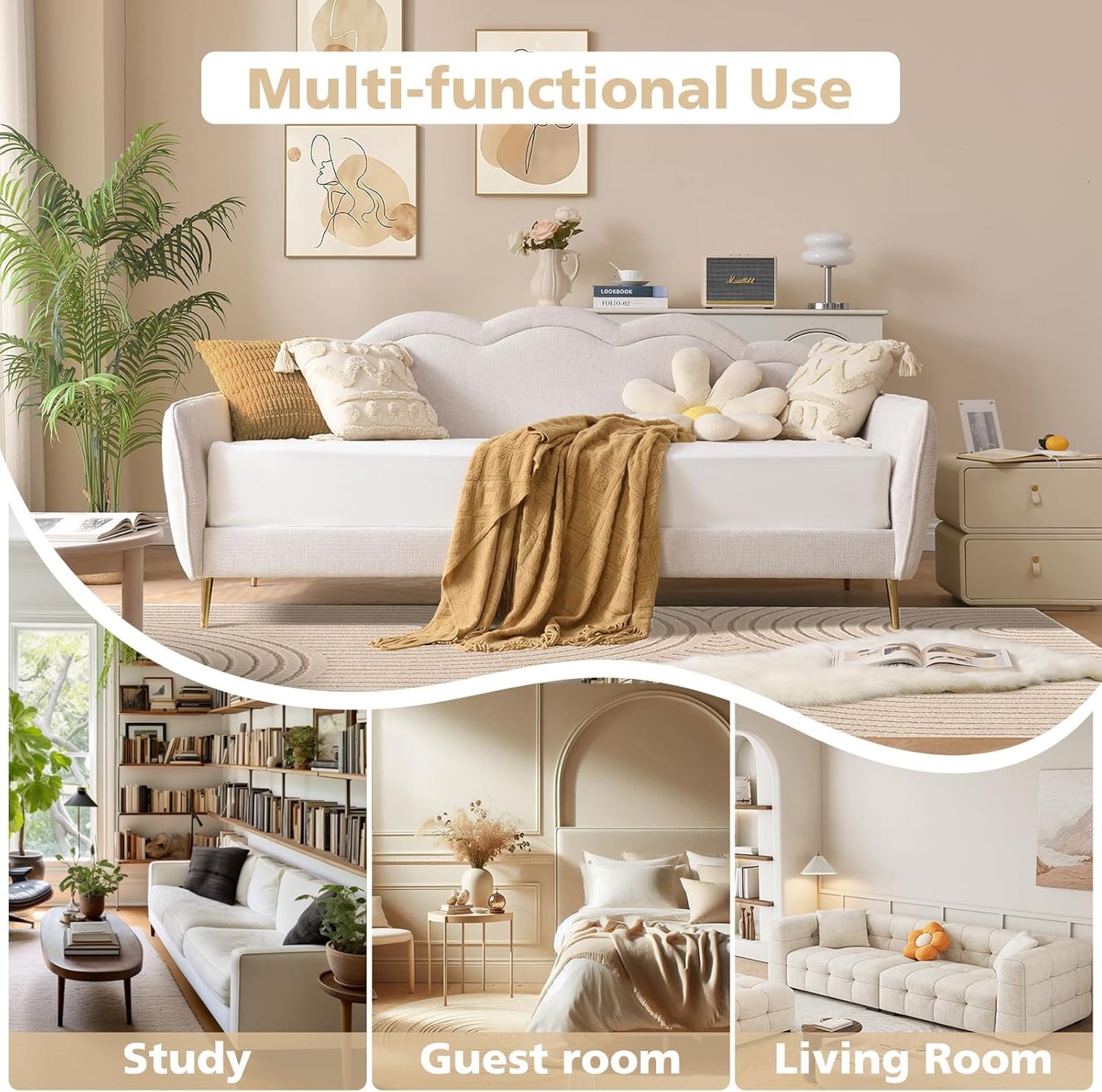 VELOCAVA Twin Size Upholstered Daybed with Cloud-Shaped Backrest, Modern Linen Sofa Bed with Metal Legs, Wood Slat Support for Bedroom, Living Room, Guest Room, Beige White