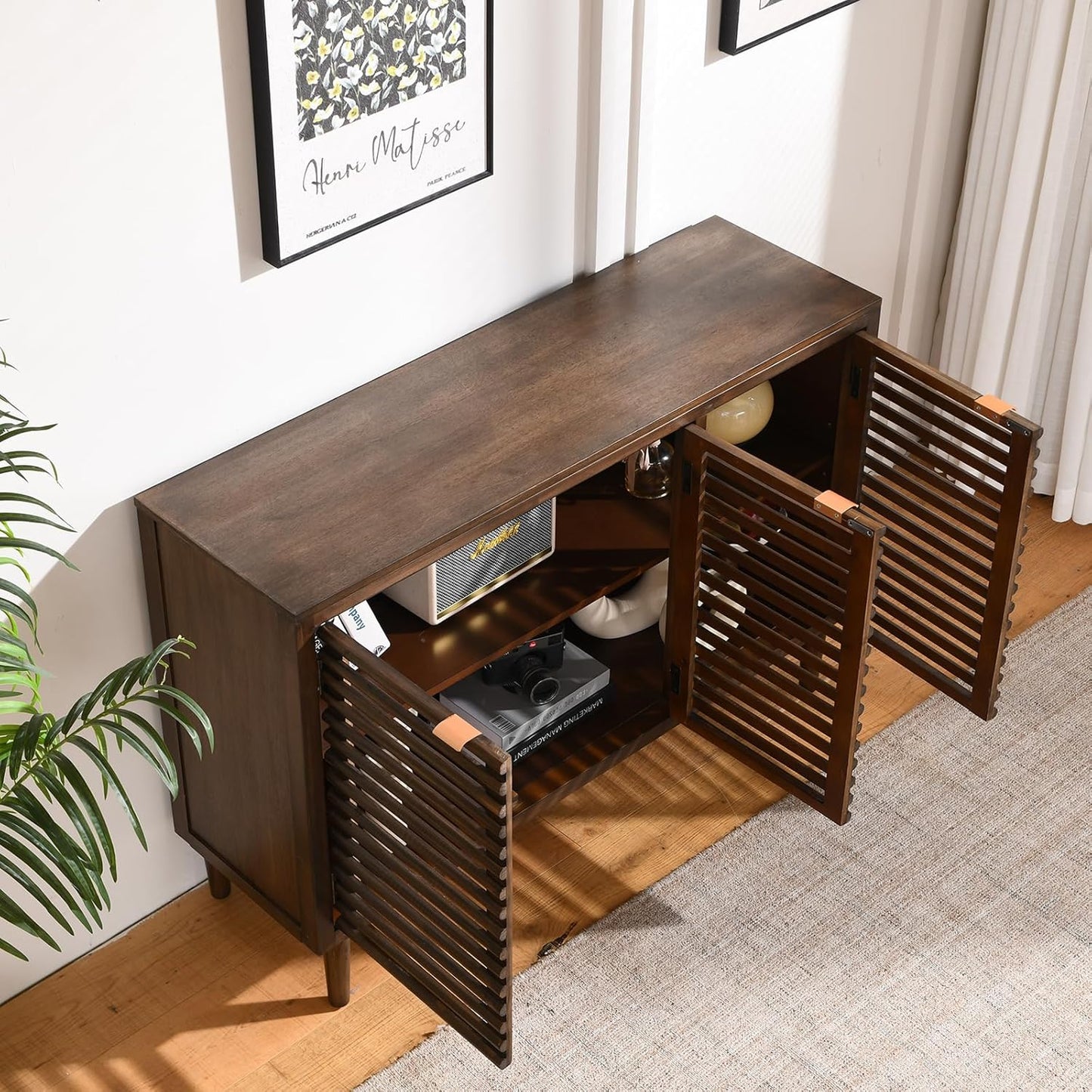 Mid-Century Modern 3-Door Sideboard Cabinet with Slatted Wood Doors, 46" Accent Storage Cabinet with Adjustable Shelves, Walnut Brown Buffet for Dining Room, Living Room, or Entryway