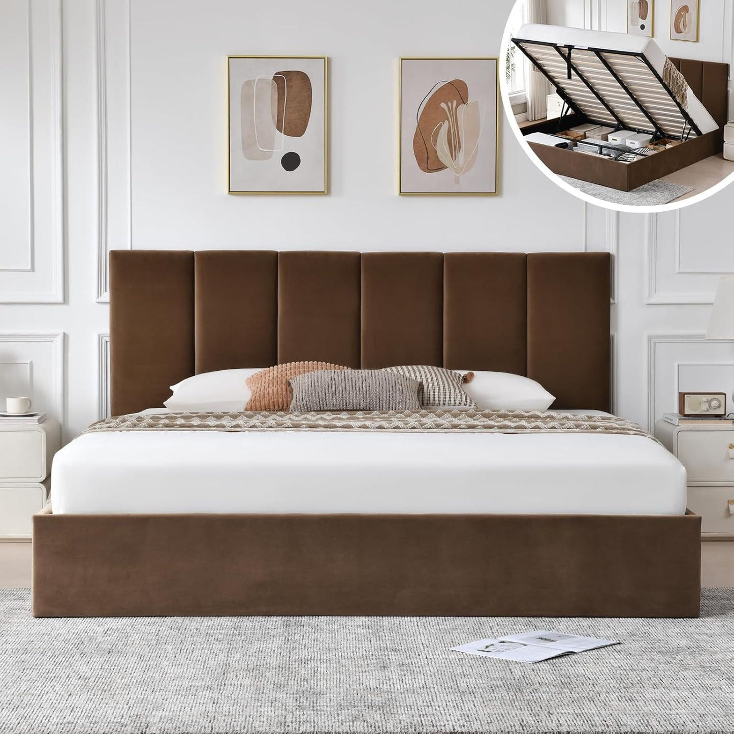 VELOCAVA Lift-Up Storage Bed, Modern Platform Bed with Vertical Panel Headboard, Hydraulic Gas Lift Storage, No Box Spring Needed, Easy Assembly, Velvet-Like Fabric, Brown