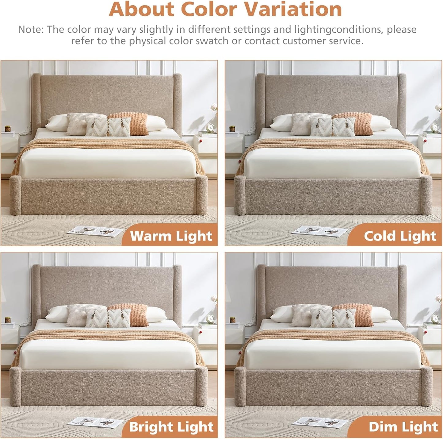 VELOCAVA Full Lift Up Storage Bed Frame, 44.88" Tall Upholstered Headboard, Soft Rounded Corner Design, Bouclé Texture Platform Bed with Hydraulic Storage, No Box Spring Needed, Soft Beige