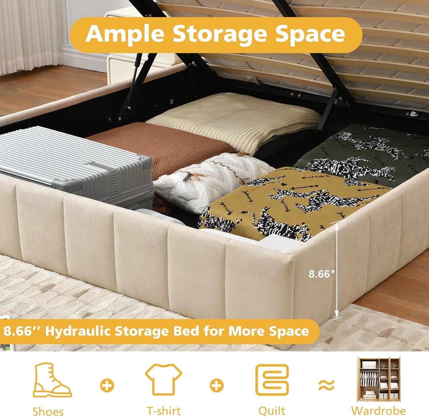 VELOCAVA Lift Up Storage Bed Frame, Upholstered Platform Bed with Gas Hydraulic Mechanism, No Headboard, Large Underbed Storage, Wooden Slats, No Spring Box Needed, Black