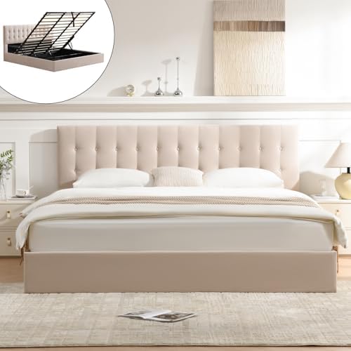 VELOCAVA Size Lift-Up Storage Bed Frame with Button-Tufted Headboard, Gas Lift Platform, Spacious Under-Bed Storage, Wooden Slats, No Box Spring Needed, Light Khaki Linen-Look