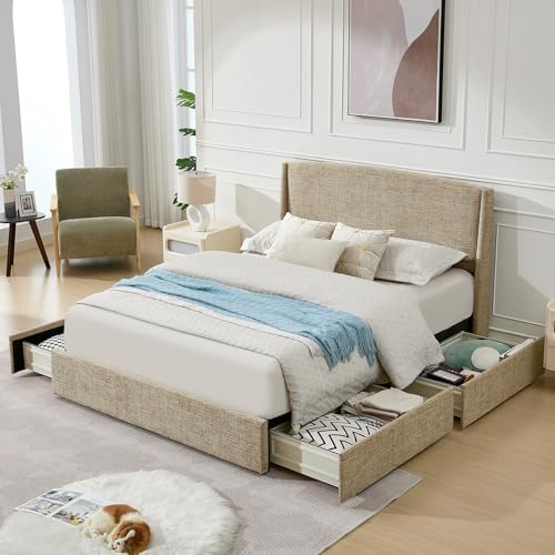 VELOCAVA Full Upholstered Storage Bed Frame with Drawers, Linen-Look Platform Bed Frame with 4 Under Bed Storage Drawers, Soft Curved Wingback Headboard, No Box Spring Needed, Linen Beige