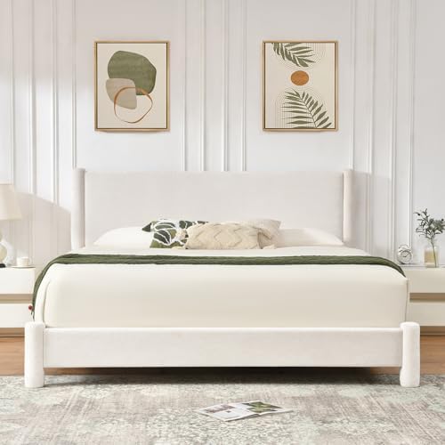 VELOCAVA Upholstered Platform Bed Frame with Soft Rounded Corners, 44.88" Tall Headboard, Luxury Plush Velvet Upholstery, 11 Slats &amp; 5 Center Legs, No Box Spring Needed, Cream White