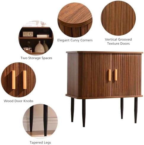 Mid Century Modern Side Table with Storage, Walnut Accent Cabinet with Sliding Doors &amp; Adjustable Shelf, Brown Fluted Nightstand for Living Room, Entryway, Bedroom
