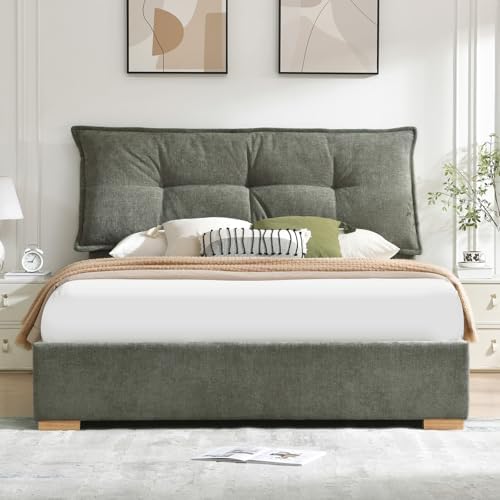 VELOCAVA Full Size Upholstered Bed Frame with 2 Drawers Storage, Platform Bed with Soft &amp; Cushioned Headboard, Sturdy Wood Slats, Underbed Storage, No Box Spring Needed, Sage Green
