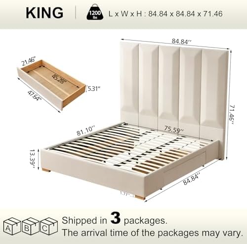 VELOCAVA King Size Upholstered Bed Frame with Extra Tall 71.5" 3D Geometric Headboard, Velvet-Like Fabric, 2 Storage Drawers, 45 Wooden Slats, Adjustable Center Support, No Box Spring Needed, Beige