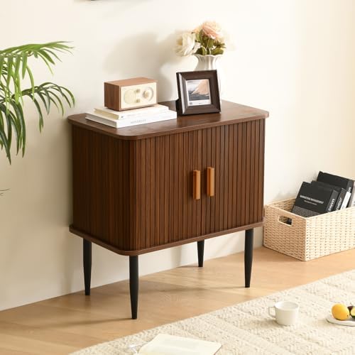 Mid Century Modern Side Table with Storage, Walnut Accent Cabinet with Sliding Doors &amp; Adjustable Shelf, Brown Fluted Nightstand for Living Room, Entryway, Bedroom