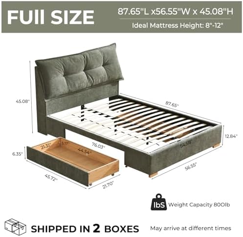 VELOCAVA Full Size Upholstered Bed Frame with 2 Drawers Storage, Platform Bed with Soft &amp; Cushioned Headboard, Sturdy Wood Slats, Underbed Storage, No Box Spring Needed, Sage Green