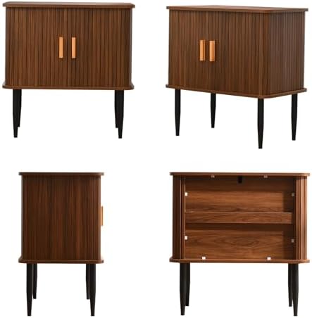 Mid Century Modern Side Table with Storage, Walnut Accent Cabinet with Sliding Doors &amp; Adjustable Shelf, Brown Fluted Nightstand for Living Room, Entryway, Bedroom