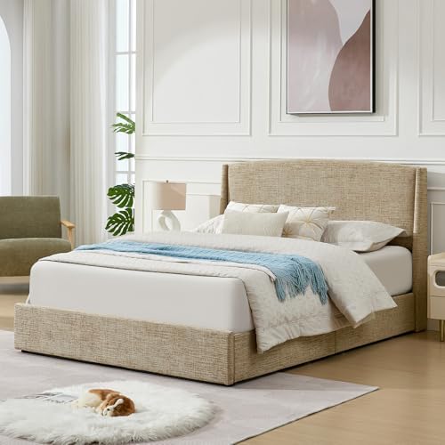 VELOCAVA Full Upholstered Storage Bed Frame with Drawers, Linen-Look Platform Bed Frame with 4 Under Bed Storage Drawers, Soft Curved Wingback Headboard, No Box Spring Needed, Linen Beige