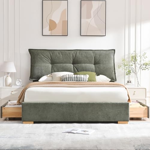 VELOCAVA Full Size Upholstered Bed Frame with 2 Drawers Storage, Platform Bed with Soft &amp; Cushioned Headboard, Sturdy Wood Slats, Underbed Storage, No Box Spring Needed, Sage Green