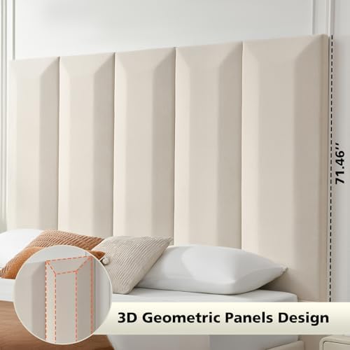 VELOCAVA King Size Upholstered Bed Frame with Extra Tall 71.5" 3D Geometric Headboard, Velvet-Like Fabric, 2 Storage Drawers, 45 Wooden Slats, Adjustable Center Support, No Box Spring Needed, Beige