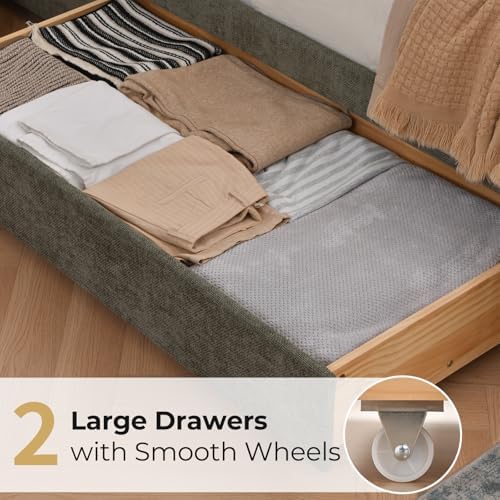 VELOCAVA Full Size Upholstered Bed Frame with 2 Drawers Storage, Platform Bed with Soft &amp; Cushioned Headboard, Sturdy Wood Slats, Underbed Storage, No Box Spring Needed, Sage Green