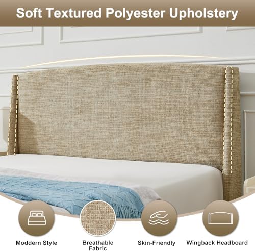 VELOCAVA Full Upholstered Storage Bed Frame with Drawers, Linen-Look Platform Bed Frame with 4 Under Bed Storage Drawers, Soft Curved Wingback Headboard, No Box Spring Needed, Linen Beige