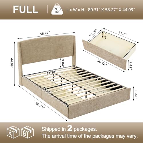VELOCAVA Full Upholstered Storage Bed Frame with Drawers, Linen-Look Platform Bed Frame with 4 Under Bed Storage Drawers, Soft Curved Wingback Headboard, No Box Spring Needed, Linen Beige