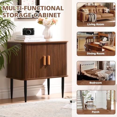 Mid Century Modern Side Table with Storage, Walnut Accent Cabinet with Sliding Doors &amp; Adjustable Shelf, Brown Fluted Nightstand for Living Room, Entryway, Bedroom