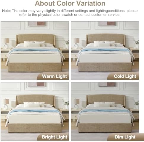 VELOCAVA Full Upholstered Storage Bed Frame with Drawers, Linen-Look Platform Bed Frame with 4 Under Bed Storage Drawers, Soft Curved Wingback Headboard, No Box Spring Needed, Linen Beige