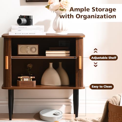 Mid Century Modern Side Table with Storage, Walnut Accent Cabinet with Sliding Doors &amp; Adjustable Shelf, Brown Fluted Nightstand for Living Room, Entryway, Bedroom