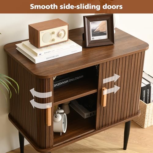 Mid Century Modern Side Table with Storage, Walnut Accent Cabinet with Sliding Doors &amp; Adjustable Shelf, Brown Fluted Nightstand for Living Room, Entryway, Bedroom